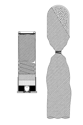 A type of Super-Sock round suited for a 12 gauge shotgun showing the metal pellets inside the woven “beanbag”. NSW Police have suspended their use.