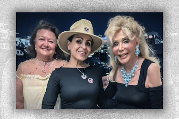 Gina Rinehart (left) poses with Toni Holt Kramer (right) at the 50th birthday party of Rita Panahi, center.