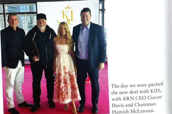 The day KIIS CEO Ciaran Davis [left] and chair Hamish McLennan [right] offered Kyle and Jackie O their historic contract, as pictured in her memoir. 