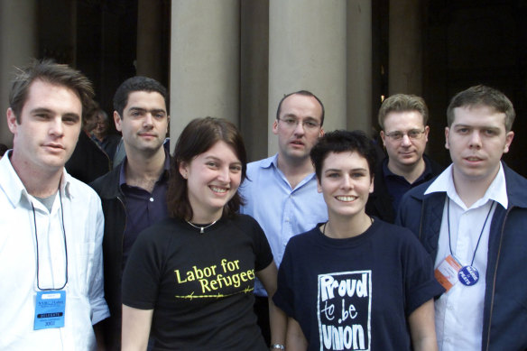Rising political stars at the 2004 ALP conference. From left, Minns, then Young Labor president, John Graham, Amanda Tattersall, Luke Foley, Karen Iles, Michael Gadiel and  Paul Howes