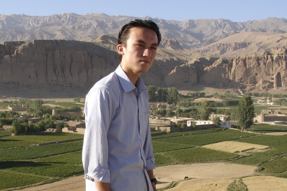 A young Hadi Zaher in front of the Buddha statues idestroyed by the Taliban in Bamiyan. 
