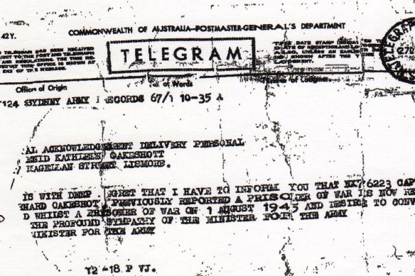 The telegram the Oakeshott family received.