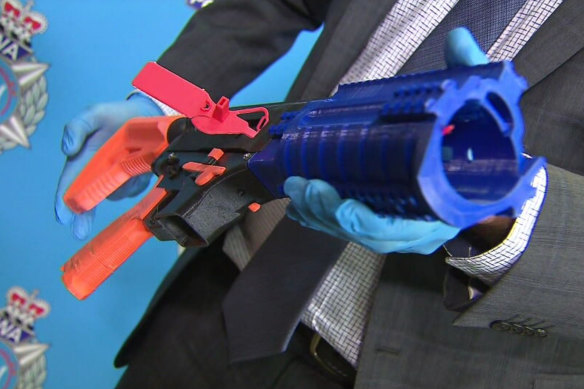 The toy-like, but very serious, 3D-printed semi-automatic assault rifle seized by WA Police.