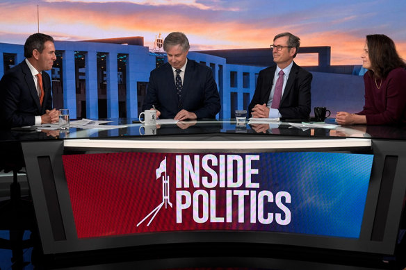 Treasurer Jim Chalmers being interviewed by senior economics correspondent Shane Wright, chief political correspondent David Crowe and senior writer Jacqueline Maley for the Inside Politics podcast.
