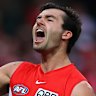 Logan McDonald of the Swans celebrates kicking a goal