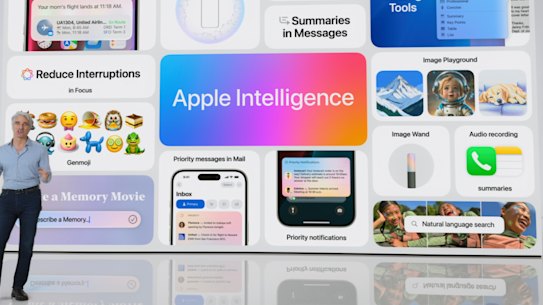 Craig Federighi, senior vice president of software engineering at Apple, shows off Apple AI.