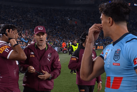 Queensland assistant coach Nate Myles sledges Joseph Suaalii after he was sent off.