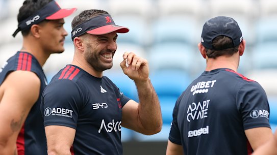 James Tedesco has a laugh at training this week as he prepares for his third grand final.