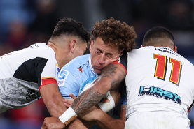 SYDNEY, AUSTRALIA - APRIL 26: Mark Nawaqanitawase of the Waratahs is hit high by Etene Nanai-Seturo of the Chiefs during the round ten Super Rugby Pacific match between NSW Waratahs and Chiefs at Allianz Stadium, on April 26, 2024, in Sydney, Australia. (Photo by Mark Kolbe/Getty Images)