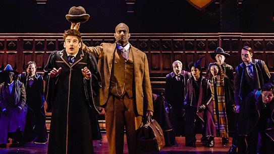 Michael Bani as The Sorting Hat, with Ben Walter as Albus Potter in the reimagined Harry Potter and the Cursed Child.