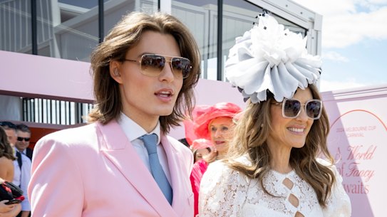 Look yes, talk no. Liz Hurley and son Damian Hurley at Oaks Day.
