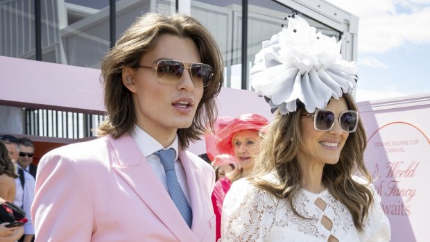 Look yes, talk no. Liz Hurley and son Damian Hurley at Oaks Day.