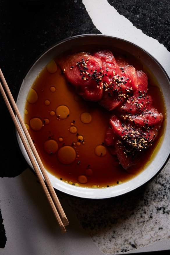 Vegan watermelon sashimi.
