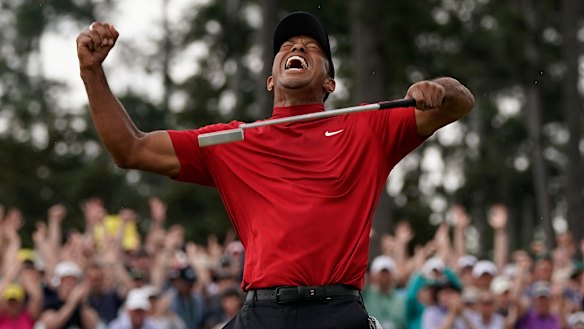 Tiger Woods celebrates after winning the 2019 Masters.
