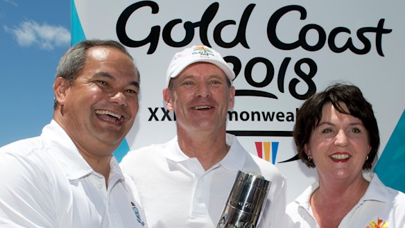 Then-premier Campbell Newman with Gold Coast mayor Tom Tate and then-Games Minister Jann Stuckey during the 2013 Queen's Baton relay.