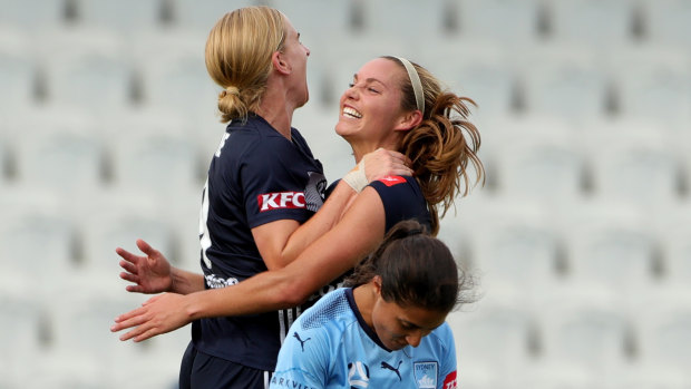 Level-pegging: Natasha Dowie (left) celebrates with Danielle Weatherholt after scoring a late equaliser for Melbourne Victory.