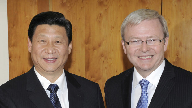 China's then vice-president, Xi Jinping, with former prime minister Kevin Rudd at Parliament House in Canberra in 2010. 