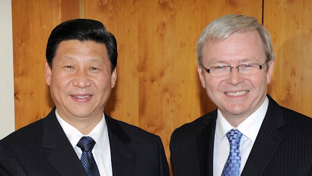 China's then vice-president, Xi Jinping, with former prime minister Kevin Rudd at Parliament House in Canberra in 2010. 