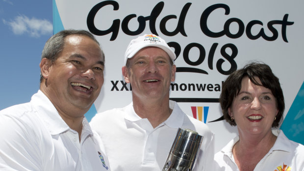 Then-premier Campbell Newman with Gold Coast mayor Tom Tate and then-Games Minister Jann Stuckey during the 2013 Queen's Baton relay.