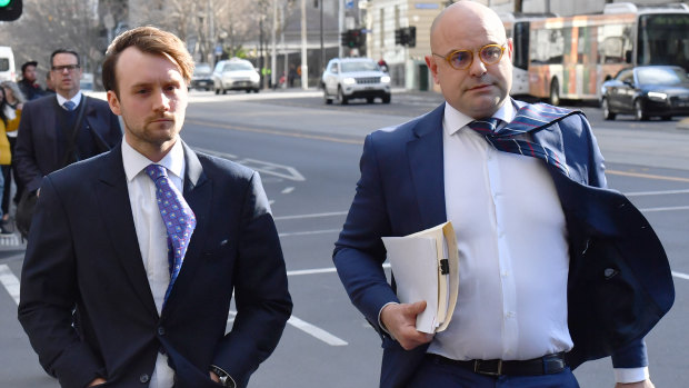 Andrew Nolch and lawyer Glenn Thexton outside the Magistrates Court in August. 