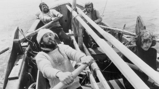 Skipper Timothy Severin sets the pace as the oars come out and into play far out on the Atlantic, August 6, 1976.