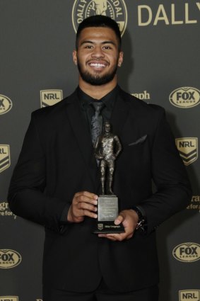 Payne Haas with his Dally M rookie of the year award in 2019.