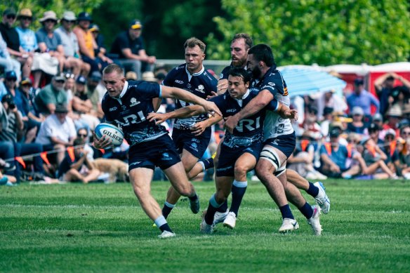 Waratahs fullback Max Jorgensen makes a break against the Brumbies on Saturday.
