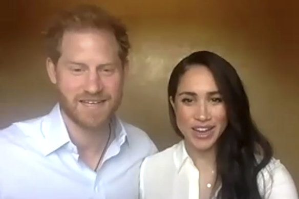 Harry and Meghan address the Queen's Commonwealth Trust by video.