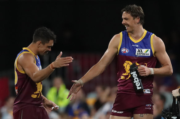 Joe Daniher is all smiles for the Lions during their win over his former club Essendon. 