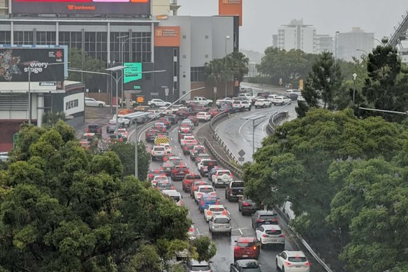 Afternoon traffic backed up on the Story Bridge on February 13 2026.