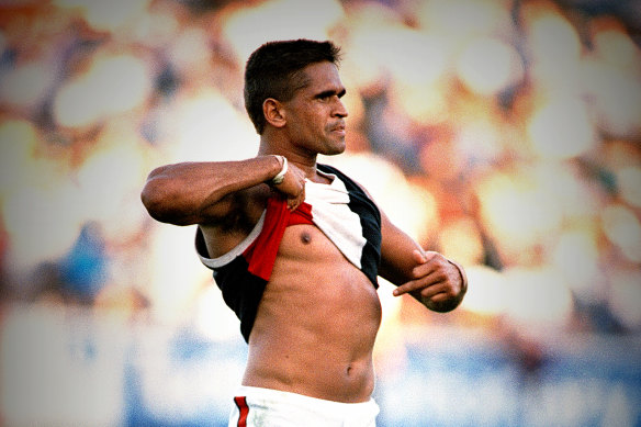 Nicky Winmar, a Noongar man, famously lifted his guernsey and pointed at his skin in a 1993 match against Collingwood.