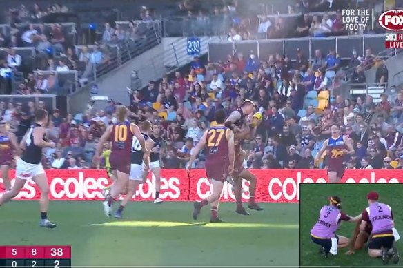 The Patrick Cripps’ bump on Brisbane’s Callum Ah Chee at the Gabba.