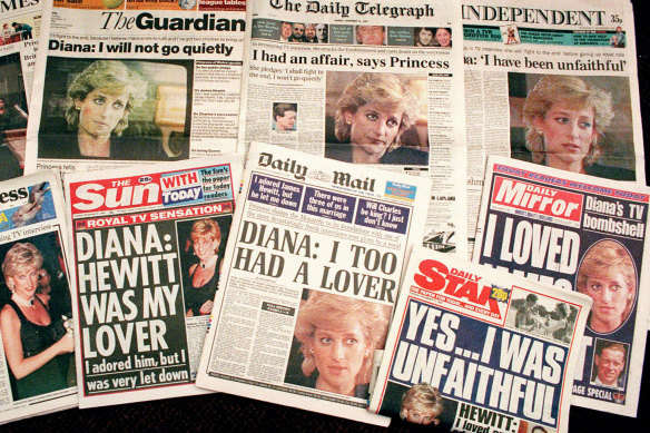 A selection of front pages of British national newspapers showing their reaction to Princess Diana’s television interview with BBC journalist Martin Bashir in 1995.