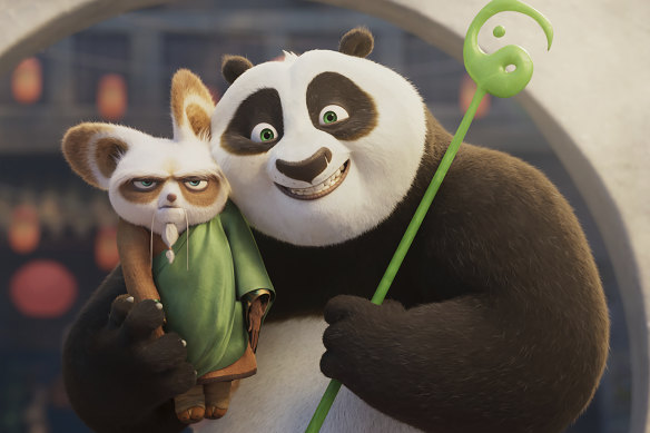Shifu (left, voiced by Dustin Hoffman)  and Po (Jack Black) return in Kung Fu Panda 4.