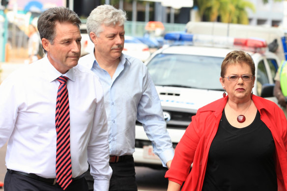 Lindy Chamberlain-Creighton, her husband, and Stuart Tipple (left) attending the fourth inquest into her daughter’s disappearance in 2012.