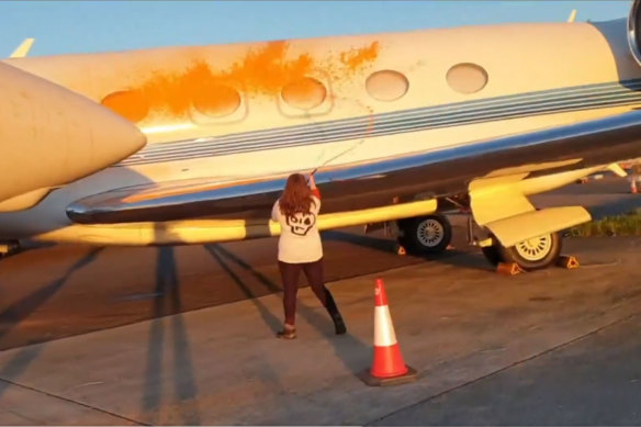 Screengrabs from a video posted by activist group Just Stop Oil of private jets being spray-painted at a London airport. 