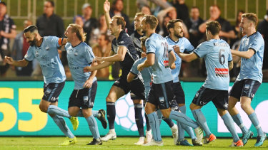 Captain fantastic: The Sky Blues celebrate a goal by skipper Rhyan Grant.