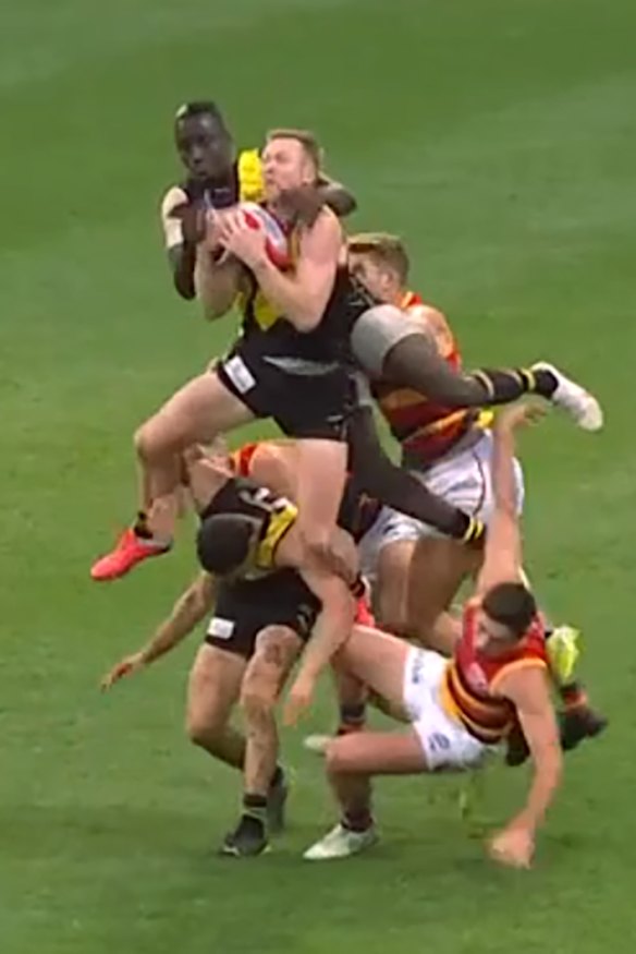 Tiger Jack Riewoldt’s crazy brave mark against the Adelaide Crows.