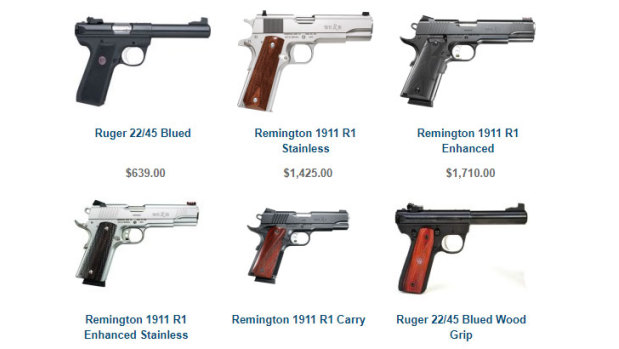 Some of the handguns sold at the Thornbury store.