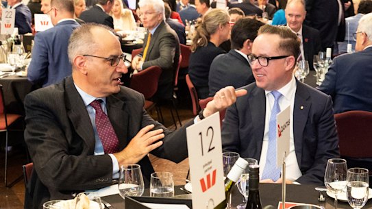 Mike Pezzullo and Alan Joyce during Treasurer Jim Chalmers’ National Press Club address