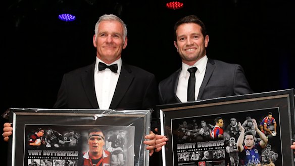 Tony Butterfield and Danny Buderus at their induction into the Knights hall of fame in 2014.