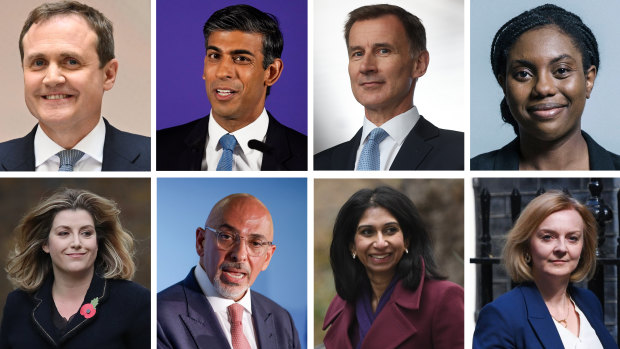Eight candidates seeking to replace Boris Johnson as PM. From left to right: Tom Tugendhat, Rishi Sunak, Jeremy Hunt, Kemi Badenoch, (bottom row, from left) Penny Mordaunt, Nadhim Zahawi, Suella Braverman, and Liz Truss.