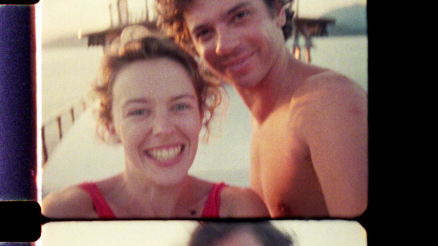 A frame of home movie footage of Michael Hutchence and Kylie Minogue as seen in Mystify.