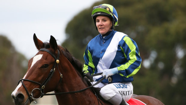 Jockey Nikita Beriman return to the scale after riding Bam's On Fire to victory in race 7 at Caulfield on Saturday.