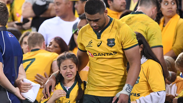 Abused: Wallabies player Lukhan Tui following an altercation with a fan in the stands. 