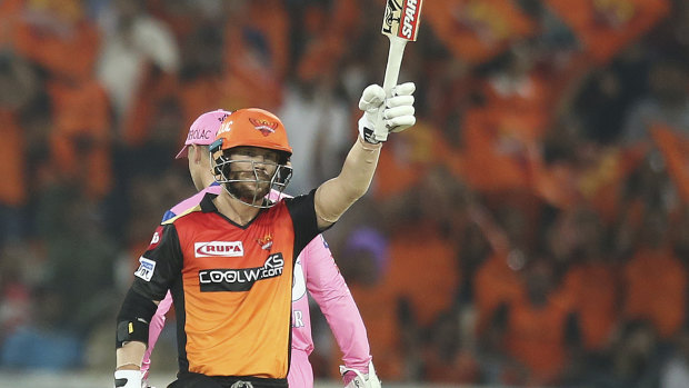 David Warner lifts the bat after scoring 50 runs during the T20 match between Sunrisers Hyderabad and Rajasthan Royals in Hyderabad, India.