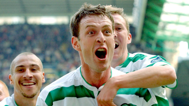 Back in the day: Chris Sutton, now a BT Sport pundit, celebrates a goal for Celtic in 2004.