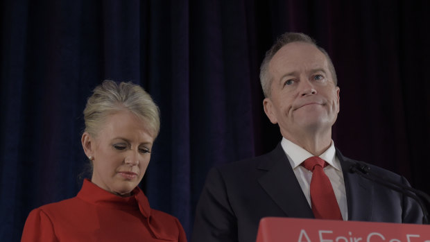 Bitter pill: Accompanied by his wife Chloe, Bill Shorten concedes defeat in Melbourne on election night. 