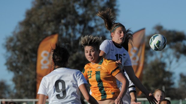 Throwback: Rebekah Stott contests the ball for New Zealand against the Matildas back in 2013.