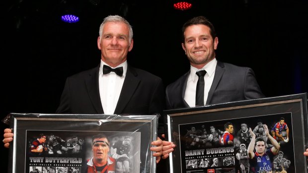Tony Butterfield and Danny Buderus at their induction into the Knights hall of fame in 2014.